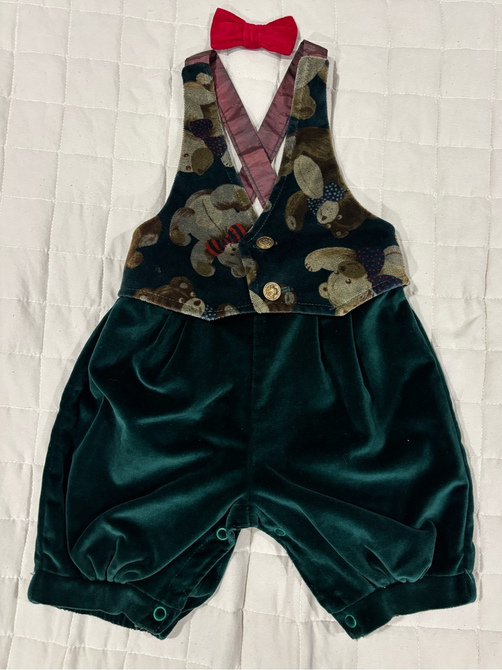 Good Lad Vintage Baby Christmas Velvet Romper Green Teddy Bear Print USA 12M